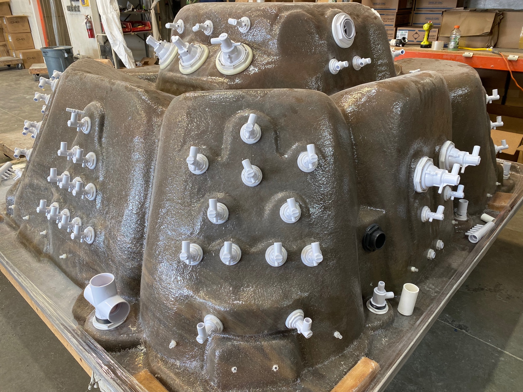 Fiberglass reinforced underside of a Futura Spa shell during construction